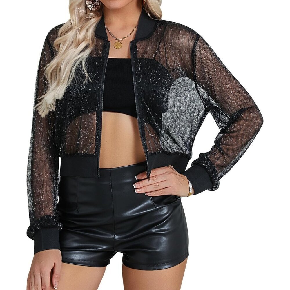 🆕Womens black Sheer Mesh Sparkly Crop Bomber Jacket Glitter Rave Outfit